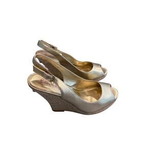 Lilly Pulitzer Kristin Slingback Wedge Shoes 7.5M Gold Leather Raffia Fairy Y2K